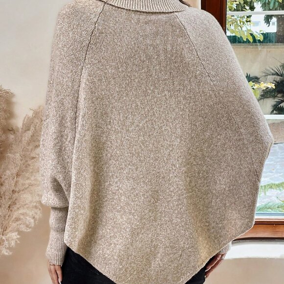 Apricot Casual Women's Turtleneck Batwing Sleeve Button Detail Cable Knit Poncho - Picture 2 of 7
